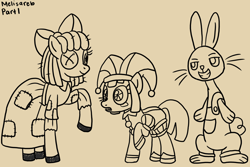 Size: 1500x1000 | Tagged: safe, artist:melisareb, derpibooru import, earth pony, hagwarders, original species, pony, rabbit, animal, bow, brown background, clothes, crossover, doll, dress, female, hat, jax, jester, jester hat, jester outfit, lineart, male, mare, pomni, ponified, ragatha, ragdoll, raised hoof, raised leg, simple background, smiling, species swap, the amazing digital circus, toy, trio