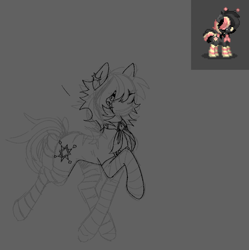 Size: 790x793 | Tagged: safe, artist:clowncarpal, derpibooru import, oc, oc only, pony, clothes, coat markings, collar, ear piercing, earring, female, grayscale, jewelry, mare, monochrome, piercing, sketch, socks, solo, striped socks, wip