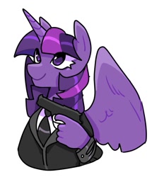 Size: 913x1060 | Tagged: safe, artist:clowncarpal, derpibooru import, twilight sparkle, twilight sparkle (alicorn), alicorn, pony, g4, clothes, female, gun, handgun, mare, necktie, pistol, simple background, suddenly hands, suit, weapon, white background