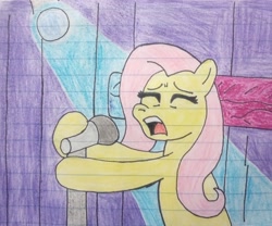 Size: 2119x1761 | Tagged: safe, artist:autobotk-9, derpibooru import, fluttershy, pony, g4, eyes closed, female, lined paper, madonna, mare, microphone, open mouth, singing, solo, traditional art