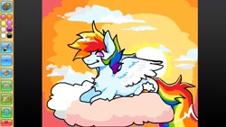 Size: 1191x670 | Tagged: safe, artist:clowncarpal, derpibooru import, rainbow dash, pegasus, pony, g4, animal jam, chest fluff, cloud, colored wings, colored wingtips, female, lying down, mare, on a cloud, prone, solo, sun, wings