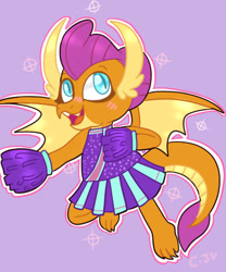 Size: 387x466 | Tagged: safe, artist:crystalizedjellyfish, derpibooru import, smolder, dragon, g4, cheerleader, cheerleader outfit, cheerleader smolder, clothes, cute, dragoness, female, open mouth, pom pom, purple background, simple background, smolderbetes, solo, wings