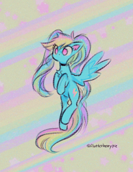 Size: 987x1275 | Tagged: safe, artist:flutterberrypie, derpibooru import, rainbow dash, pegasus, pony, g4, alternate hairstyle, chest fluff, cute, dashabetes, female, mare, no pupils, pigtails, rainbow background, signature, solo, spread wings, twintails, wings