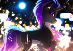 Size: 3507x2480 | Tagged: safe, artist:fenwaru, derpibooru import, oc, oc only, oc:hidden nova, pony, unicorn, abstract background, black coat, butt, chest fluff, concave belly, countershading, ear piercing, earring, ethereal mane, horn, jewelry, lidded eyes, looking at you, looking back, looking back at you, multicolor mane, piercing, plot, profile, raised hoof, raised leg, slim, standing, starry mane, starry tail, tail, thin, unicorn oc