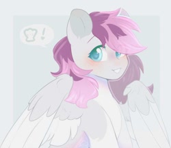 Size: 740x640 | Tagged: safe, derpibooru import, oc, oc only, oc:sincere shoals, pegasus, blue eyes, blushing, female, lesbian, multicolored hair, pegasus oc, speech bubble, spread wings, wings