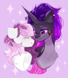 Size: 831x946 | Tagged: safe, artist:cofiiclouds, derpibooru import, oc, oc only, pegasus, unicorn, blushing, couple, ear piercing, earring, eyes closed, female, horn, jewelry, lesbian, looking at each other, looking at someone, multicolored hair, pegasus oc, piercing, scar, unicorn oc