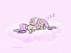 Size: 1501x1126 | Tagged: safe, artist:flutterberrypie, derpibooru import, fluttershy, cat, pegasus, pony, g4, cloud, cute, lying down, lying on a cloud, on a cloud, on side, onomatopoeia, pink background, plushie, shyabetes, simple background, sleeping, snuggling, solo, sound effects, zzz