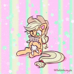 Size: 835x835 | Tagged: safe, artist:flutterberrypie, derpibooru import, applejack, cat, earth pony, pony, g4, commission, cute, hug, jackabetes, looking down, one eye closed, rainbow background, sitting, solo, stars
