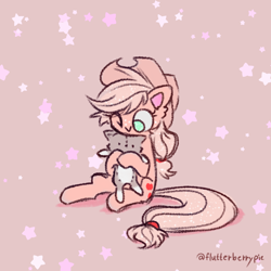 Size: 1044x1044 | Tagged: safe, alternate version, artist:flutterberrypie, derpibooru import, applejack, cat, earth pony, pony, g4, brown background, commission, cute, hug, jackabetes, looking down, one eye closed, simple background, sitting, solo, stars