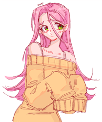 Size: 1228x1472 | Tagged: safe, artist:motonosaur2, derpibooru import, fluttershy, human, g4, bare shoulders, clothes, cute, humanized, long sleeves, off shoulder, off shoulder sweater, shyabetes, simple background, solo, sweater, sweatershy, white background