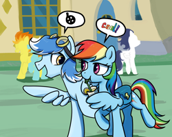 Size: 2560x2048 | Tagged: safe, artist:brella, derpibooru import, fleetfoot, rainbow dash, soarin', spitfire, oc, oc:seaice, pegasus, pony, g4, after practise, bag, canon x oc, conversation, goggles, goggles on head, hang out, juice, lemonade, movie reference, pictogram, street, wing gesture, wing hands, wing hold, wings