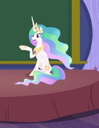 Size: 837x1080 | Tagged: safe, derpibooru import, screencap, princess celestia, alicorn, pony, g4, horse play, concave belly, cropped, crown, ethereal mane, ethereal tail, folded wings, horn, indoors, jewelry, long horn, long mane, long tail, open mouth, open smile, peytral, raised hoof, raised leg, regalia, school of friendship, sitting, slim, smiling, solo, stage, tail, tall, thin, wings