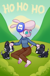 Size: 600x900 | Tagged: safe, artist:hitsuji, derpibooru import, pom lamb, anthro, dog, lamb, sheep, them's fightin' herds, clothes, cloud, cloven hooves, community related, discord (program), puppy, sweater, turtleneck