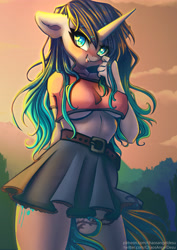 Size: 3508x4961 | Tagged: safe, artist:chaosangeldesu, derpibooru import, oc, oc only, oc:stardust splash, anthro, pony, unicorn, belt, blushing, breasts, clothes, commission, cute, female, heart, heart eyes, looking at you, mare, mountain, skirt, smiling, smiling at you, solo, sunset, underboob, wingding eyes, ych result