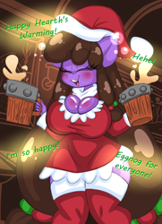 Size: 2000x2759 | Tagged: safe, artist:ladylullabystar, derpibooru import, oc, oc:plushie star, anthro, big breasts, blushing, breasts, cleavage, clothes, dress, eggnog, huge breasts