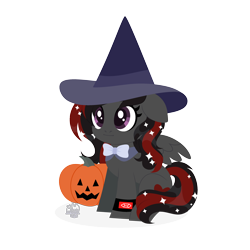 Size: 3000x3000 | Tagged: safe, artist:zakypo, derpibooru import, oc, oc only, oc:se solar eclipse, pegasus, pony, beautiful, bowtie, chibi, cute, halloween, halloween 2023, happy, hat, holiday, jack-o-lantern, pegasus oc, pony oc, pumpkin, simple background, smiling, solo, sparkles, transparent background, watch, witch hat, wristwatch