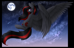 Size: 3250x2133 | Tagged: safe, artist:kripta-00, derpibooru import, oc, oc only, oc:se solar eclipse, pegasus, pony, cloud, flowing mane, flowing tail, flying, full moon, moon, night, night sky, pegasus oc, pony oc, shooting star, sky, solo, spread wings, stars, tail, watch, wings, wristwatch