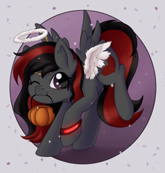 Size: 1306x1369 | Tagged: safe, artist:maravor, derpibooru import, oc, oc only, oc:se solar eclipse, angel, pegasus, pony, angelic wings, basket, circle background, clothes, costume, cute, female, halloween, halloween 2023, halloween costume, halo, happy, looking at you, mare, one eye closed, pegasus oc, pony oc, profile picture, raised hoof, raised leg, raised tail, simple background, smiling, smiling at you, solo, sparkles, spread wings, tail, watch, white background, wings, wristwatch