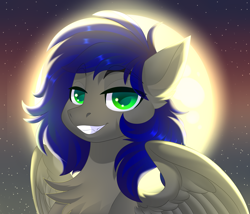 Size: 3500x3000 | Tagged: safe, artist:xvostik, derpibooru import, oc, oc only, oc:mb midnight breeze, pegasus, pony, chest fluff, commission, fangs, fluffy, full moon, grin, halloween, halloween 2023, holiday, looking at you, male, moon, night, nightmare night, pegasus oc, pony oc, smiling, smirk, solo, spread wings, stars, wings, ych result