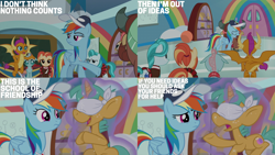 Size: 2000x1125 | Tagged: safe, derpibooru import, edit, edited screencap, editor:quoterific, screencap, lighthoof, ocellus, rainbow dash, shimmy shake, smolder, snails, yona, changeling, dragon, earth pony, pegasus, pony, unicorn, yak, 2 4 6 greaaat, g4, blindfold, coach rainbow dash, dragoness, female, male, mare, school of friendship, stallion