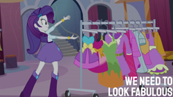 Size: 2000x1125 | Tagged: safe, derpibooru import, edit, edited screencap, editor:quoterific, screencap, rarity, equestria girls, equestria girls (movie), g4, clothes rack, solo