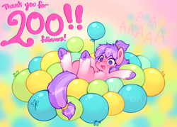 Size: 880x630 | Tagged: safe, artist:sekuponi, derpibooru import, oc, oc only, oc:blush rush, pegasus, pony, balloon, chest fluff, female, lying down, mare, ponytail, solo, unshorn fetlocks