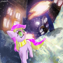 Size: 2048x2048 | Tagged: safe, artist:ha0s67, derpibooru import, oc, oc only, earth pony, pony, city, clothes, moon, night, scarf, snow, snowfall, solo, winter