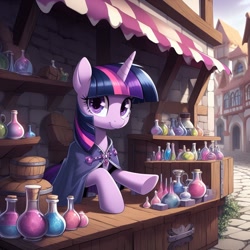 Size: 1024x1024 | Tagged: safe, ai content, derpibooru import, generator:dall-e 3, machine learning generated, twilight sparkle, pony, g4, bottle, building, cloak, clothes, female, looking at you, mare, potion, potion seller, potions, prompter needed, road, shelf, shop stand, smiling, smiling at you, solo, stand, underhoof, wall, wood