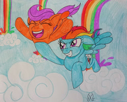 Size: 1280x1022 | Tagged: safe, artist:dncsamsonart, derpibooru import, rainbow dash, scootaloo, pegasus, pony, g4, sleepless in ponyville, best pony, cloud, female, filly, flying, foal, grin, happy, heartwarming, mare, open mouth, open smile, rainbow falls (location), rainbow waterfall, scootalove, siblings, sisters, smiling, traditional art