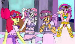 Size: 1600x944 | Tagged: safe, artist:radiancebreaker, derpibooru import, apple bloom, princess cadance, scootaloo, sweetie belle, human, a canterlot wedding, equestria girls, g4, apple bloom's bow, bow, bride, canterlot, clothes, cutie mark crusaders, dress, female, flower girl, flower girl dress, hair bow, hands together, humanized, open mouth, open smile, smiling, wedding dress