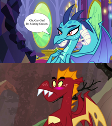 Size: 1280x1440 | Tagged: safe, derpibooru import, edit, edited screencap, screencap, garble, princess ember, dragon, g4, season 7, season 9, sweet and smoky, triple threat, spoiler:s09, aroused, bedroom eyes, bite mark, blushing, comparison, dragoness, female, flirting, hand on chest, imminent sex, implied sex, male, mating season, ship:emble, shipping, shipping domino, smiling, speech bubble, straight, surprised, teenaged dragon, twilight's castle
