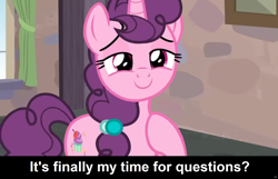 Size: 1920x1239 | Tagged: safe, derpibooru import, edit, edited screencap, screencap, sugar belle, pony, unicorn, comic:celestia's servant interview, g4, hard to say anything, bedroom eyes, caption, cs captions, cute, female, image macro, interview, looking at you, mare, raised hoof, raised leg, smiling, solo, sugarbetes, text