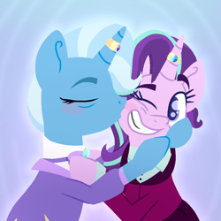Size: 1000x1000 | Tagged: safe, artist:lindasaurie, derpibooru exclusive, derpibooru import, starlight glimmer, trixie, pony, unicorn, g4, abstract background, blushing, bowtie, clothes, duo, duo female, eye clipping through hair, eyebrows, eyebrows visible through hair, female, glowing, gradient background, horn, horn ring, jewelry, kiss on the cheek, kissing, lesbian, lineless, looking at someone, mare, married couple, older, older starlight glimmer, older trixie, one eye closed, ring, shipping, smiling, startrix, touching face, wedding ring