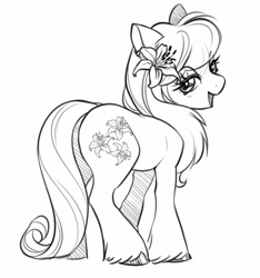 Size: 2926x3122 | Tagged: safe, artist:opalacorn, derpibooru import, lily, lily valley, earth pony, pony, g4, background pony, black and white, cute, flower, flower in hair, grayscale, happy, lilybetes, looking at you, monochrome, sketch, smiling