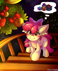Size: 1700x2064 | Tagged: safe, alternate version, artist:yuris, derpibooru import, apple bloom, earth pony, pony, bell, blushing, christmas, commission, cute, ears back, female, holiday, house, indoors, looking at you, looking up, looking up at you, present, room, smiling, solo, staircase, thoughts, ych result, your character here