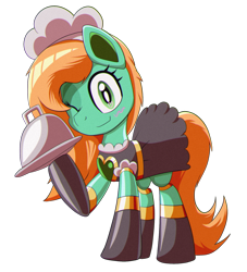 Size: 1500x1650 | Tagged: safe, derpibooru import, oc, oc:goldheart, pony, robot, robot pony, 2024 community collab, clothes, derpibooru community collaboration, female, maid, mare, plate, simple background, solo, transparent background