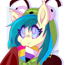 Size: 2000x2000 | Tagged: safe, artist:lionbun, derpibooru import, oc, bat pony, bat pony oc, bust, clothes, commission, cute, female, hoodie, hypnosis, hypnotized, mare, portrait, pride, pride flag, swirly eyes