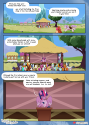 Size: 1800x2520 | Tagged: safe, artist:parrpitched, derpibooru import, apple bloom, aquamarine, chipcutter, gallop j. fry, kettle corn, rumble, scootaloo, silver spoon, snips, sweetie belle, tender taps, twilight sparkle, twilight sparkle (alicorn), alicorn, earth pony, pegasus, pony, unicorn, comic:the special talent initiative, g4, apple bytes, comic, cutie mark crusaders, train, train station, train tracks, tree, wings