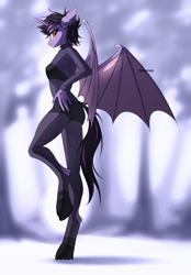 Size: 2611x3760 | Tagged: safe, artist:teturirusu, derpibooru import, oc, alicorn, anthro, bat pony, bat pony alicorn, pony, unguligrade anthro, anthro oc, bat wings, black hair, blurry background, butt, commission, ears back, hoof boots, horn, looking at you, purple skin, red eyes, solo, spread wings, wings