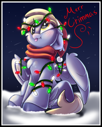 Size: 2100x2600 | Tagged: safe, artist:starcasteclipse, derpibooru import, derpy hooves, pegasus, pony, g4, :p, blushing, christmas, christmas lights, clothes, cute, derpabetes, female, hat, holiday, mare, merr chrismas, misspelling, santa hat, scarf, sitting, snow, solo, tongue, tongue out