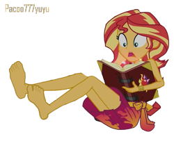 Size: 833x675 | Tagged: safe, artist:paco777yuyu, derpibooru import, edit, edited screencap, screencap, sunset shimmer, human, equestria girls, g4, background removed, barefoot, book, clothes, feet, female, simple background, sitting, solo, transparent background