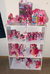 Size: 750x1117 | Tagged: safe, artist:thebronypony123, derpibooru import, pinkie pie, earth pony, pony, g4, collection, figure, multeity, shelf, solo, too much pink energy is dangerous