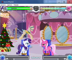 Size: 642x535 | Tagged: safe, derpibooru import, rarity, trixie, fighting is magic, g4, background, carousel boutique, christmas, christmas tree, fighting is magic aurora, game, game screencap, holiday, recolor, tree