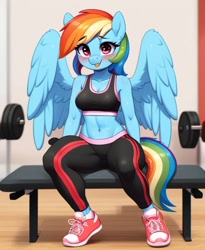 Size: 576x704 | Tagged: safe, ai content, derpibooru import, machine learning generated, rainbow dash, anthro, pegasus, g4, belly button, clothes, gym, looking at you, midriff, prompter:spacelight, shoes, smiling, smiling at you, solo, sports, sports bra, sports outfit