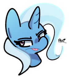 Size: 1083x1209 | Tagged: safe, artist:kindakismet, derpibooru import, trixie, pony, unicorn, g4, angry, bust, frown, onomatopoeia, portrait, raspberry, raspberry noise, scowl, simple background, solo, tongue, tongue out, trixie is not amused, unamused, white background