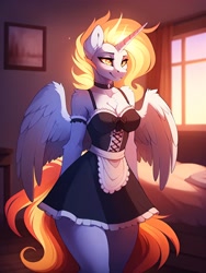 Size: 2304x3072 | Tagged: safe, ai content, derpibooru import, generator:easyfluff v11.2, generator:stable diffusion, machine learning generated, daybreaker, alicorn, anthro, g4, bed, bedroom, bedroom eyes, big breasts, bra-breaker, breasts, chest fluff, cleavage, clothes, collar, ear fluff, ears, female, fire, horn, maid, maidbreaker, mane of fire, partially open wings, prompter:frostru, solo, window, wings