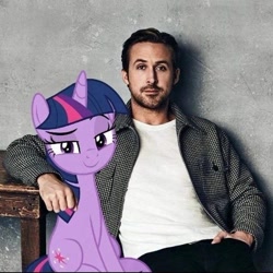 Size: 720x719 | Tagged: source needed, safe, derpibooru import, twilight sparkle, unicorn twilight, human, unicorn, eyebrows, female, mare, meme, raised eyebrow, ryan gosling, sitting, smiling, smug, table