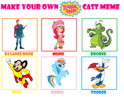 Size: 1146x893 | Tagged: safe, artist:maddiewondergirl63, derpibooru import, rainbow dash, alligator, bird, human, mouse, pegasus, pony, g4, '90s, brobee, cast, cast meme, crossover, disney, dj lance rock, female, foofa, knight, logo, male, mare, meme, mighty mouse, mighty mouse (series), muno, nick jr., plex, prince phillip, simple background, sleeping beauty, strawberry shortcake, strawberry shortcake (character), swampy the alligator, the new woody woodpecker show, toodee, where's my water, white background, woodpecker, woody woodpecker, woody woodpecker (series), yo gabba gabba!