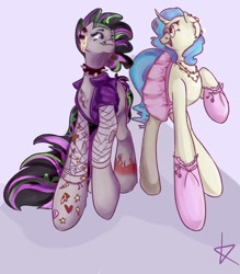 Size: 944x1080 | Tagged: safe, artist:klavier44, derpibooru import, dj pon-3, octavia melody, vinyl scratch, earth pony, pony, unicorn, g4, alternate hairstyle, chest fluff, choker, clothes, duo, ear piercing, earring, eyebrow piercing, female, fishnet clothing, glasses, gloves, jacket, jewelry, leather, leather jacket, lesbian, looking at each other, looking at someone, mare, necklace, nose piercing, open mouth, personality swap, piercing, raised hoof, raised leg, role reversal, scratchtavia, shipping, skirt, spiked choker, tattoo