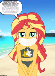 Size: 2550x3510 | Tagged: safe, artist:robukun, derpibooru import, sunset shimmer, equestria girls, g4, beach, beach shorts swimsuit, belly button, bikini, clothes, gag, muffled words, solo, sunset shimmer's beach shorts swimsuit, swimsuit